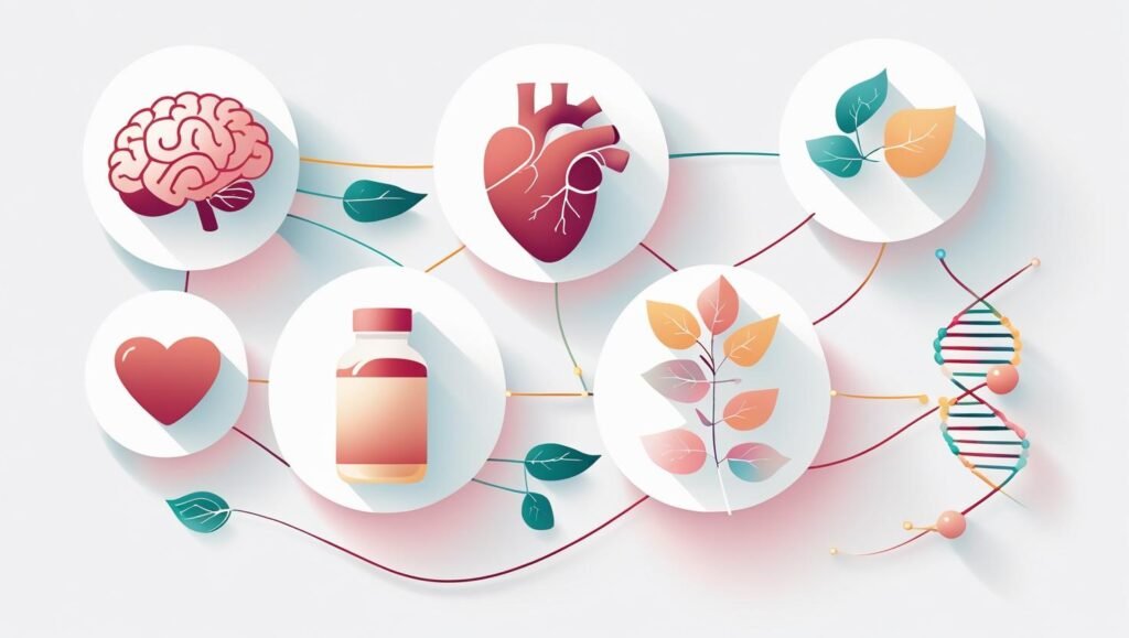 minimalist vector style infographic showing connected icons brain, heart, stomach, leaf, supplement bottle, glowing neurons, dna strand, white and pastel background, calming and clean design